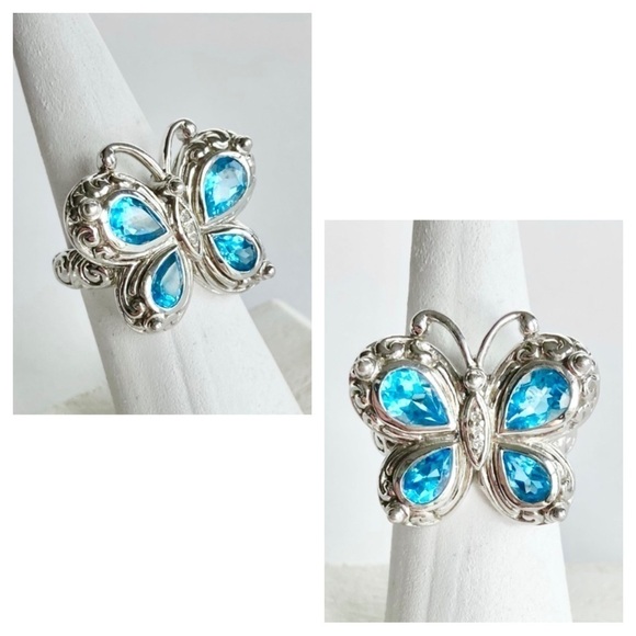 NEW Swiss Blue Topaz & Diamond Sterling Silver 925 Stamped Butterfly Ring Size 6 - Picture 1 of 12